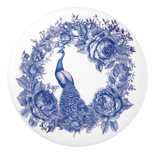 Blaue Pfaue Rose Blumengrenze Keramikknauf (Vorderseite)