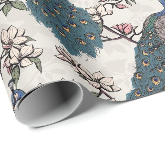 Blaue Pfaue und Magnolien Elfenbeinküste Geschenkpapier (Rolleneckpunkt)