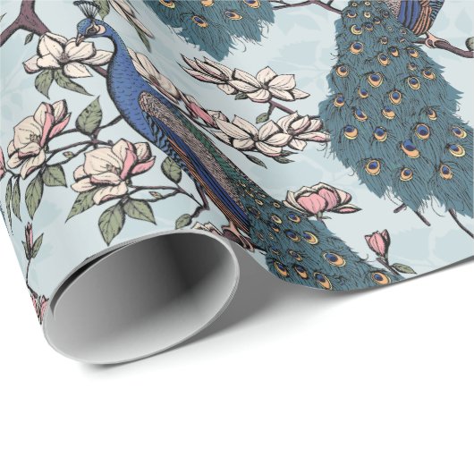 Blaue Pfaue und Magnolien Geschenkpapier (Rolleneckpunkt)