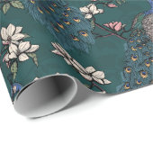 Blaue Pfaue und Magnolien Grüne Vegetation Geschenkpapier (Rolleneckpunkt)
