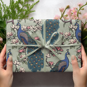 Blaue Pfaue und Magnolien Grüne Vegetation Geschenkpapier