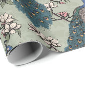 Blaue Pfaue und Magnolien Grüne Vegetation Geschenkpapier (Rolleneckpunkt)