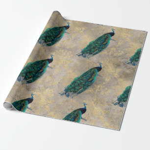 Blaue Pfauen auf Gold Geschenkpapier