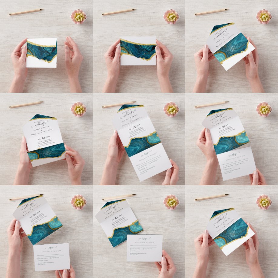 Blaue Pfauen-Gold-Achat-Hochzeit All In One Einladung