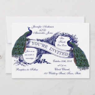 Blaue Pfauen Hochzeit im Vintage-Stil Einladung