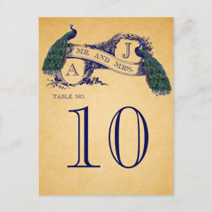 Blaue Pfauen Vintage-Hochzeitstisch-Nummer Postkarte