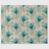 Blaue Pfauenfedern auf hellbraun Geschenkpapier (Flach)