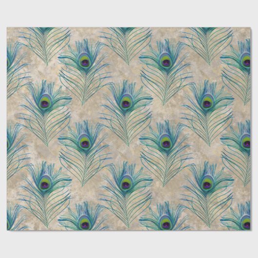 Blaue Pfauenfedern auf hellbraun Geschenkpapier (Flach)