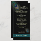 Blaue Pfauenfedern auf schwarzem Menü Menükarte (Vorne/Hinten)