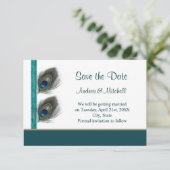 Blaue Pfauenfedern Save the Date einladen (Stehend Vorderseite)