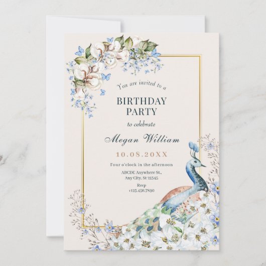 Blaue Pfauenvogel Einladung (Vorderseite)