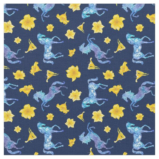 Blaue Pferde und gelbe Lilien Stoff (Nahaufnahme)