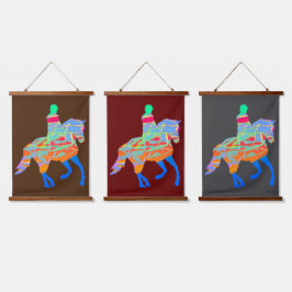 Blaue Pferde- und Reitserie von 3 Wandteppich Mit Holzrahmen