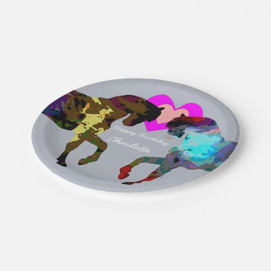 Blaue Pferdepersonalisierter PapierTeller (Schrägansicht)