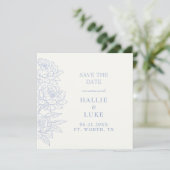 Blaue Pfingstrose Hochzeit Quadrat Save Datum Einladung (Stehend Vorderseite)