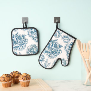 Blaue Pfingstrose Ofenhandschuh & Topflappen-Set