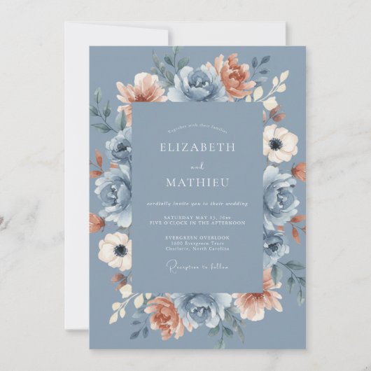 Blaue Pfingstrosen-Hochzeit Einladung (Vorderseite)