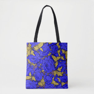 Blaue Pfingstrosen mit goldenen Blättern Tasche