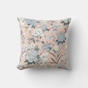 Blaue Pfingstrosen Pfirsich Botanisch Vintage Flor Kissen