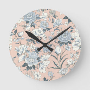 Blaue Pfingstrosen Pfirsich Botanisch Vintage Flor Runde Wanduhr