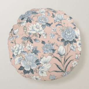 Blaue Pfingstrosen Pfirsich Botanisch Vintage Flor Rundes Kissen