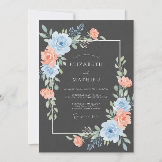 Blaue Pfirsich-Blüten-Hochzeit Einladung (Vorderseite)