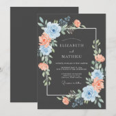 Blaue Pfirsich-Blüten-Hochzeit Einladung (Vorne/Hinten)