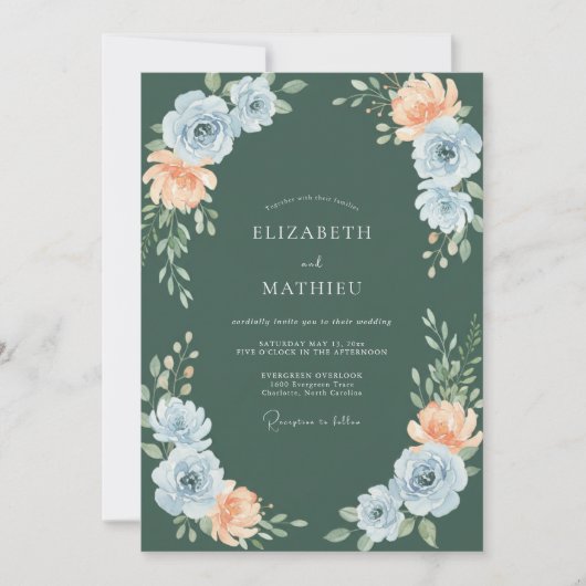 Blaue Pfirsich-Botanik-Hochzeit Einladung (Vorderseite)