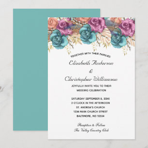 Blaue Pfirsich-Rosen-Blumen Hochzeit Formal Elegan Einladung