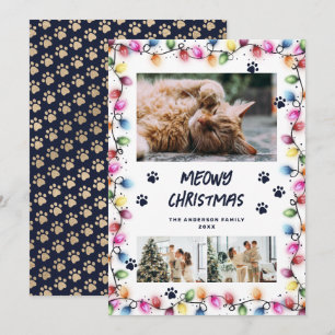 Blaue Pfoten-Lichterkette Foto-Katze Weihnachtskar Feiertagskarte