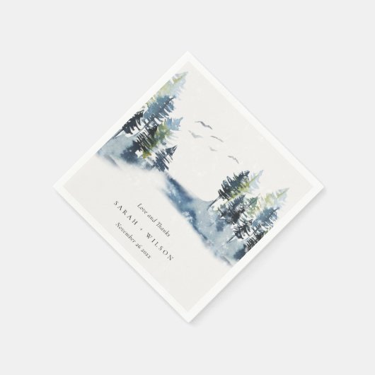 Blaue Pine Woods Forest Birds dank Hochzeit Serviette (Ecke)