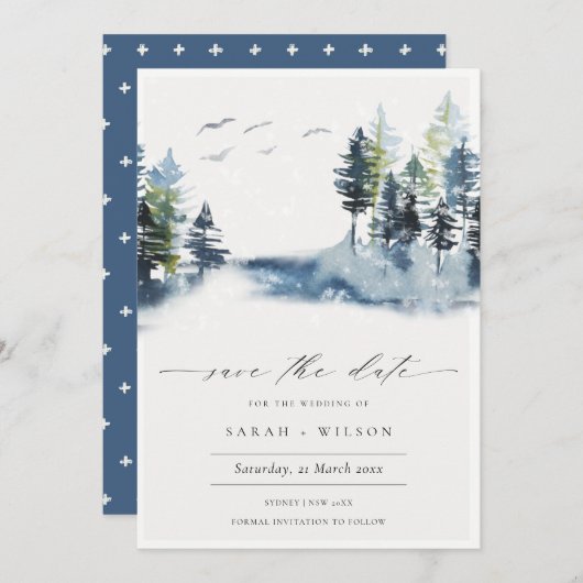 Blaue Pinienwälder - Vögel Save the Date einladen Dankeskarte (Vorne/Hinten)