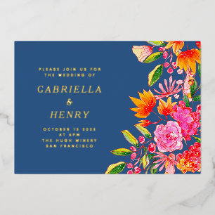 Blaue Pink Orange Aquarell Blumen Hochzeit Gold Folieneinladung