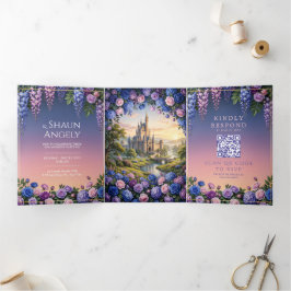 Blaue Pinke Rosen Märchen Schloss Hochzeit Dreifach Gefaltete Einladung