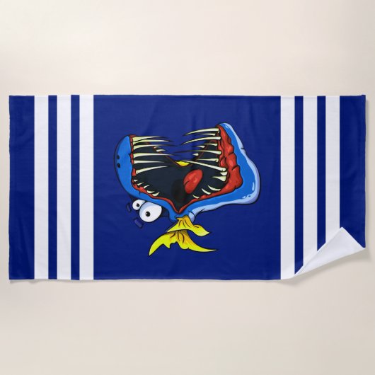 Blaue Piranha-Fische auf Navy Blue und White Strip Strandtuch (Vorderseite)