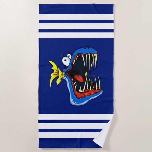 Blaue Piranha-Fische auf Navy Blue und White Strip Strandtuch (Vorderseite)