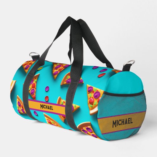 Blaue Pizza-Muster lustiger Name oder eigener Text Duffle Bag (Rechte Ecke)