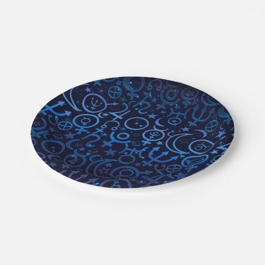 Blaue Planetensymbole Mystical Universe Planets Pappteller (Schrägansicht)