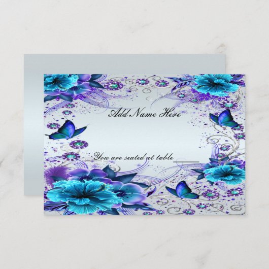 Blaue Platzkarte mit Blumen und Schmetterlingen (Vorne/Hinten)