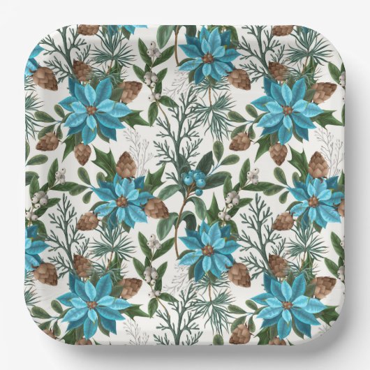 Blaue Poinsettia und Kiefern Pappteller (Vorderseite)