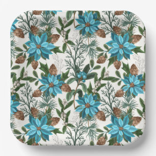 Blaue Poinsettien und Kiefern Pappteller