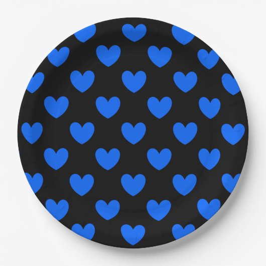 Blaue Polka-Herzen auf schwarz Pappteller (Vorderseite)