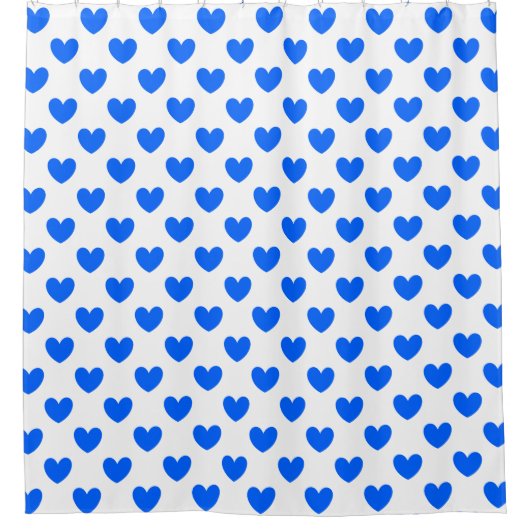 Blaue Polka-Herzen auf weiß Duschvorhang (Vorderseite)