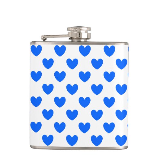 Blaue Polka-Herzen auf weiß Flachmann (Vorderseite)