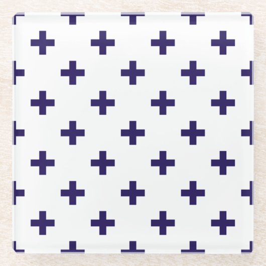 Blaue Polka-Kreuze in Weiß Glasuntersetzer (Vorderseite)