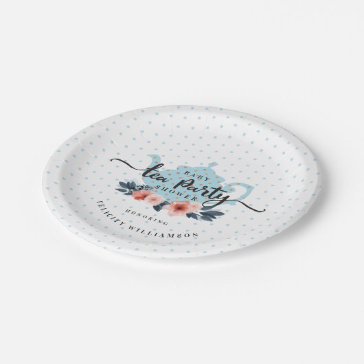 Blaue Polka-Punkt-Vintage Pappteller (Schrägansicht)