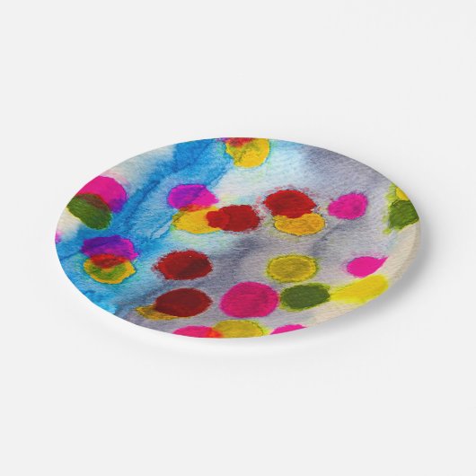 Blaue Polka Punkte Aquarell abstrakt Pappteller (Schrägansicht)