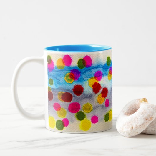 Blaue Polka Punkte Aquarell abstrakt Zweifarbige Tasse (Mit Donut)