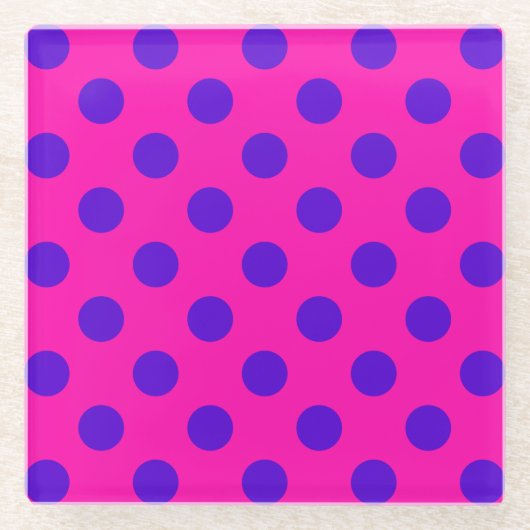Blaue Polka-Punkte auf Fuchsia Glasuntersetzer (Vorderseite)