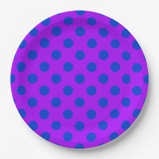 Blaue Polka Punkte auf lila Pappteller (Vorderseite)